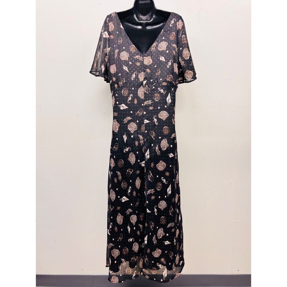 NWT Loft Women 14 Black Seashell Seahorse Metallic Clip Dot Midi Dress 36733224 - Picture 5 of 7